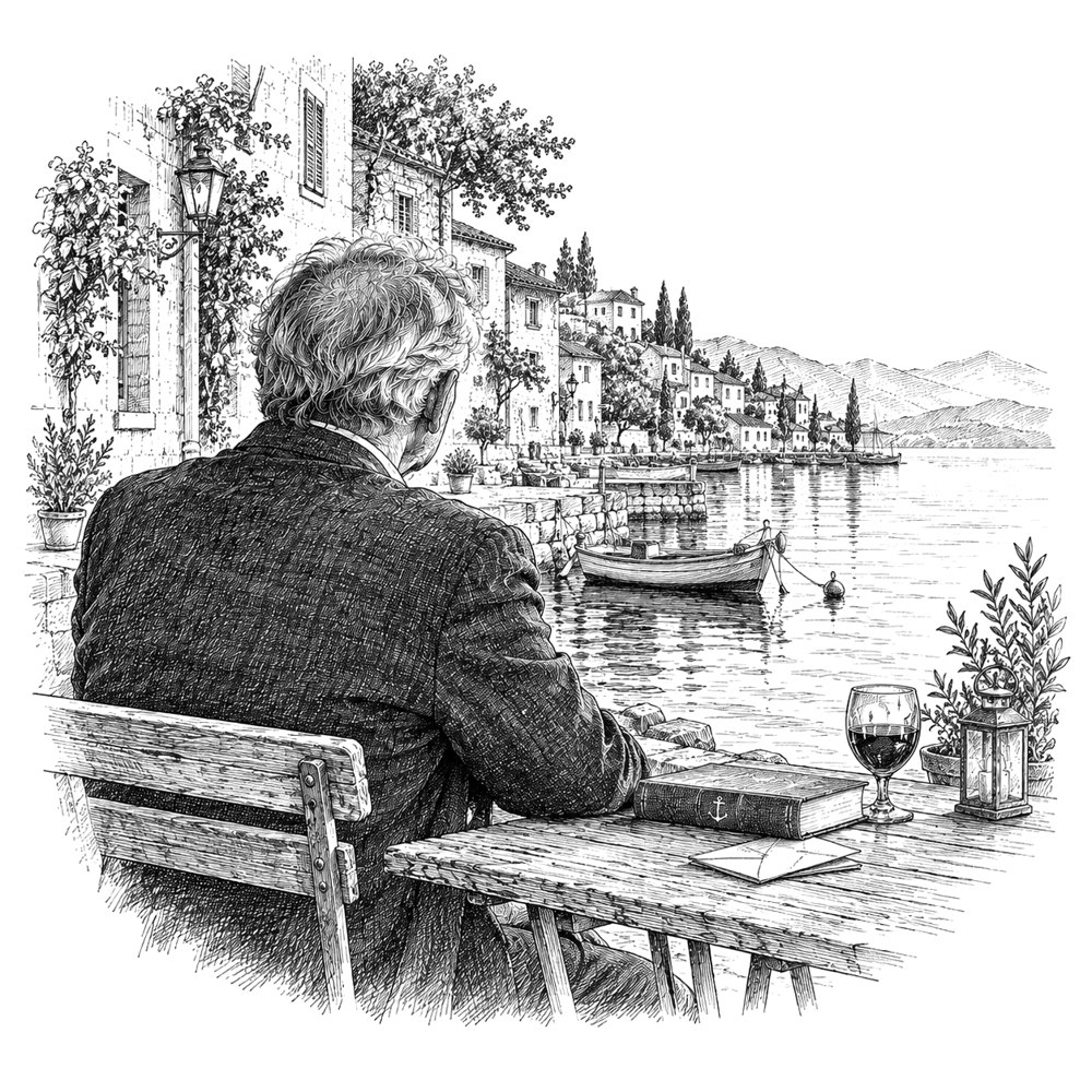 Pen-and-ink drawing of an older man seen from behind at a waterside table in a harbour town, with a book, a letter and a glass of red wine